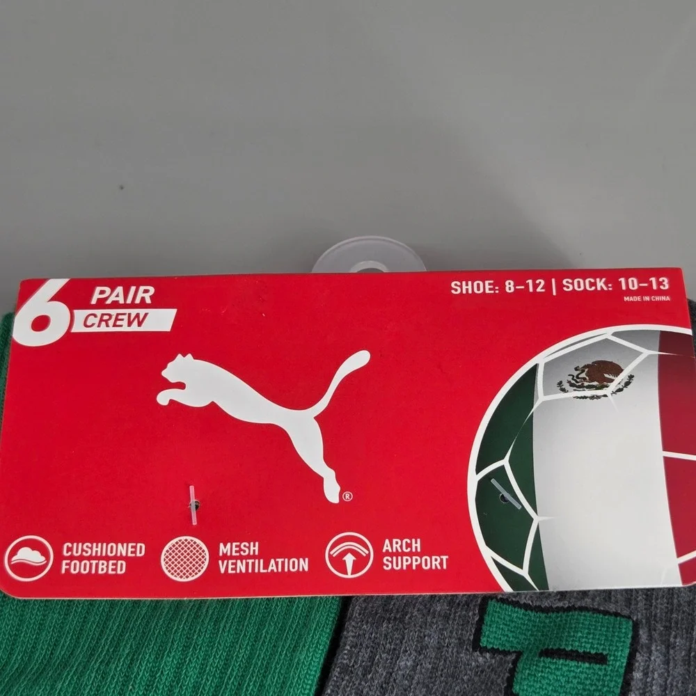 Puma Crew‎ Socks Mens 10-13 6 Pair Mexico Soccer Colors Athletic Sportswear